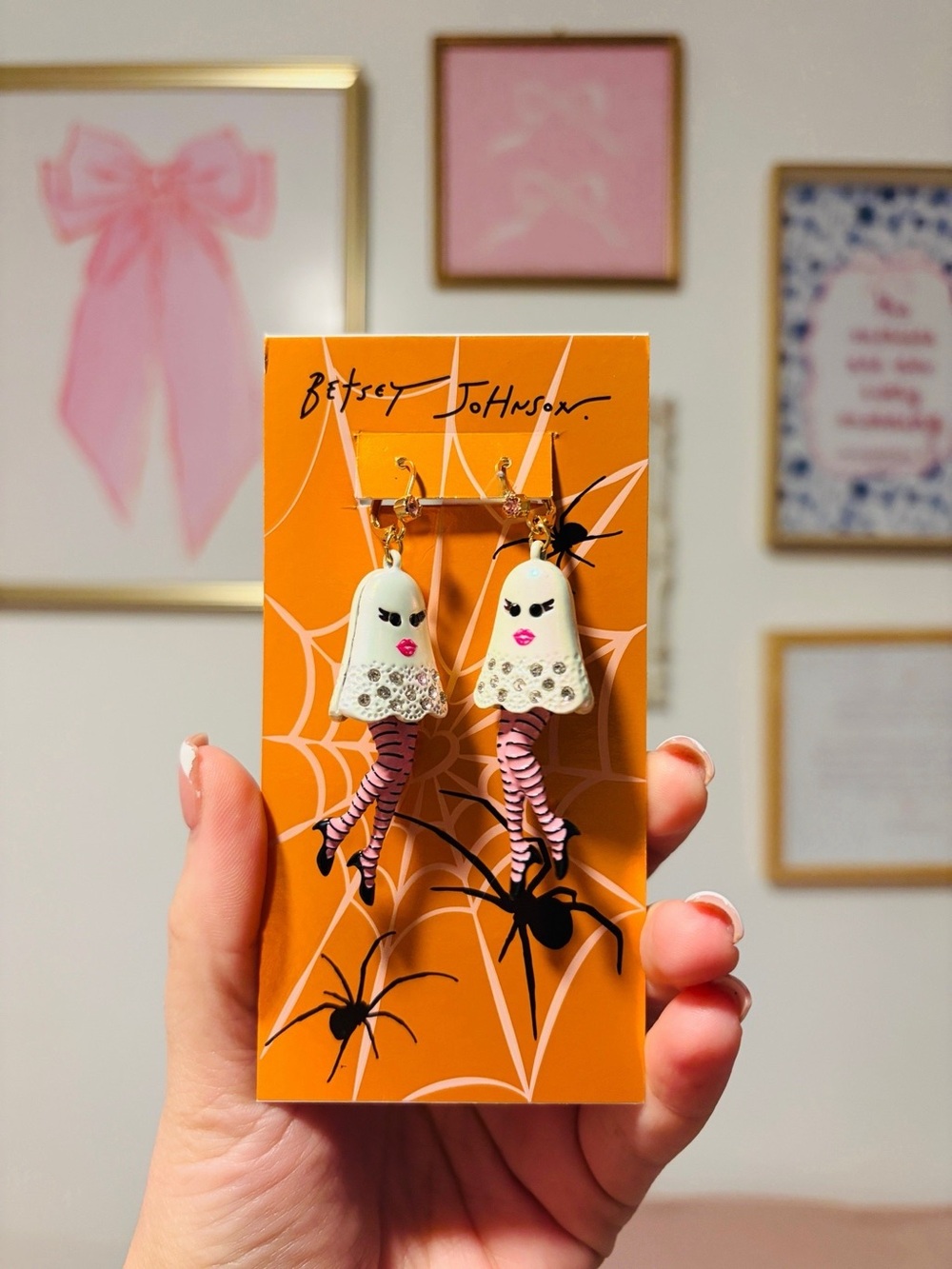 NWT ✨ Betsey Johnson White Ghost Earrings with Pink Striped Legs